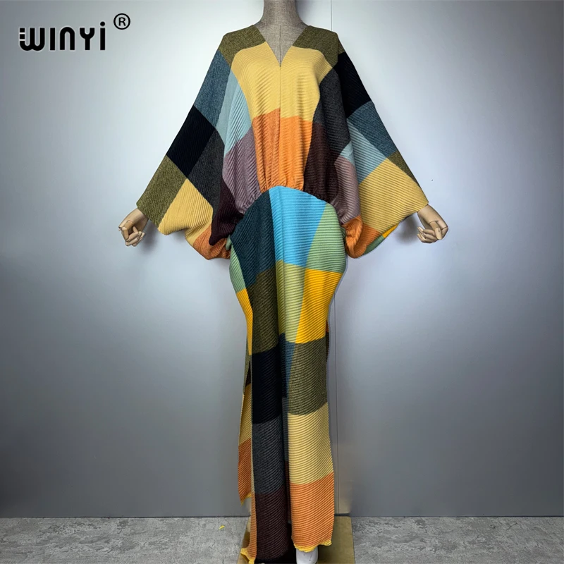 WINYI Women's Maxi Kaftan Dress Dubai Style Pleated Elastic Beach Cover-Up Holiday Luxury Party Evening Gown