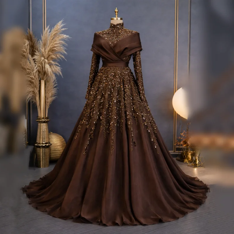 Gorgeous Brown Muslim Bridal Gown High-Neck Beaded فساتين اعراس Arab vestido de novia A-line Elegant Wedding Dress Customized