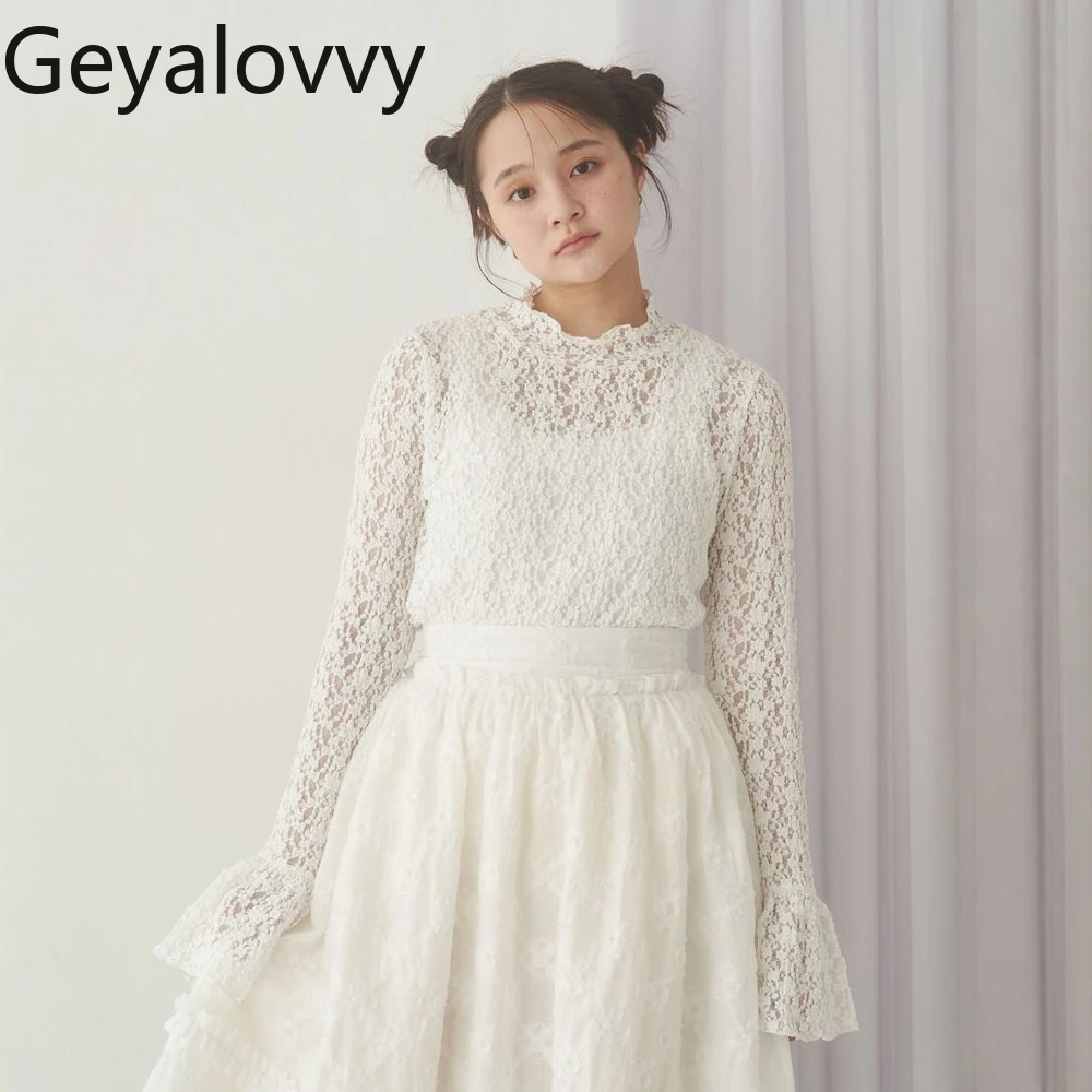 

Women's Tops Japanese Style Half High Collar Floral Lace Bell Sleeve Tee Long Sleeve Top Sweet Layered Bottoming Shirt Autumn