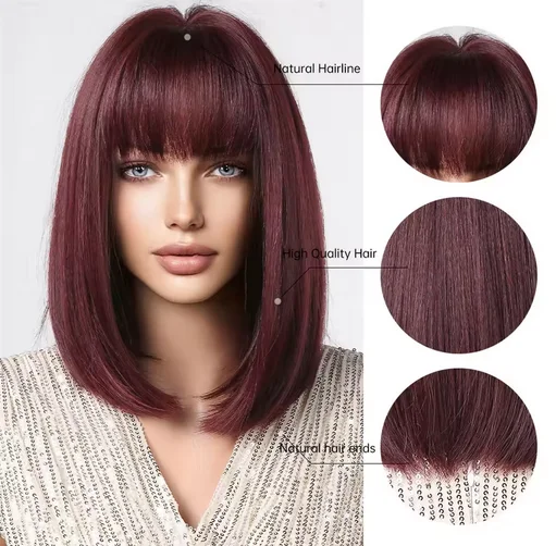 Pelucas sintéticas cortas y rectas con flequillo, peluca de pelo rojo vino oscuro Borgoña para mujer, Cosplay diario, fibra Natural resistente al calor