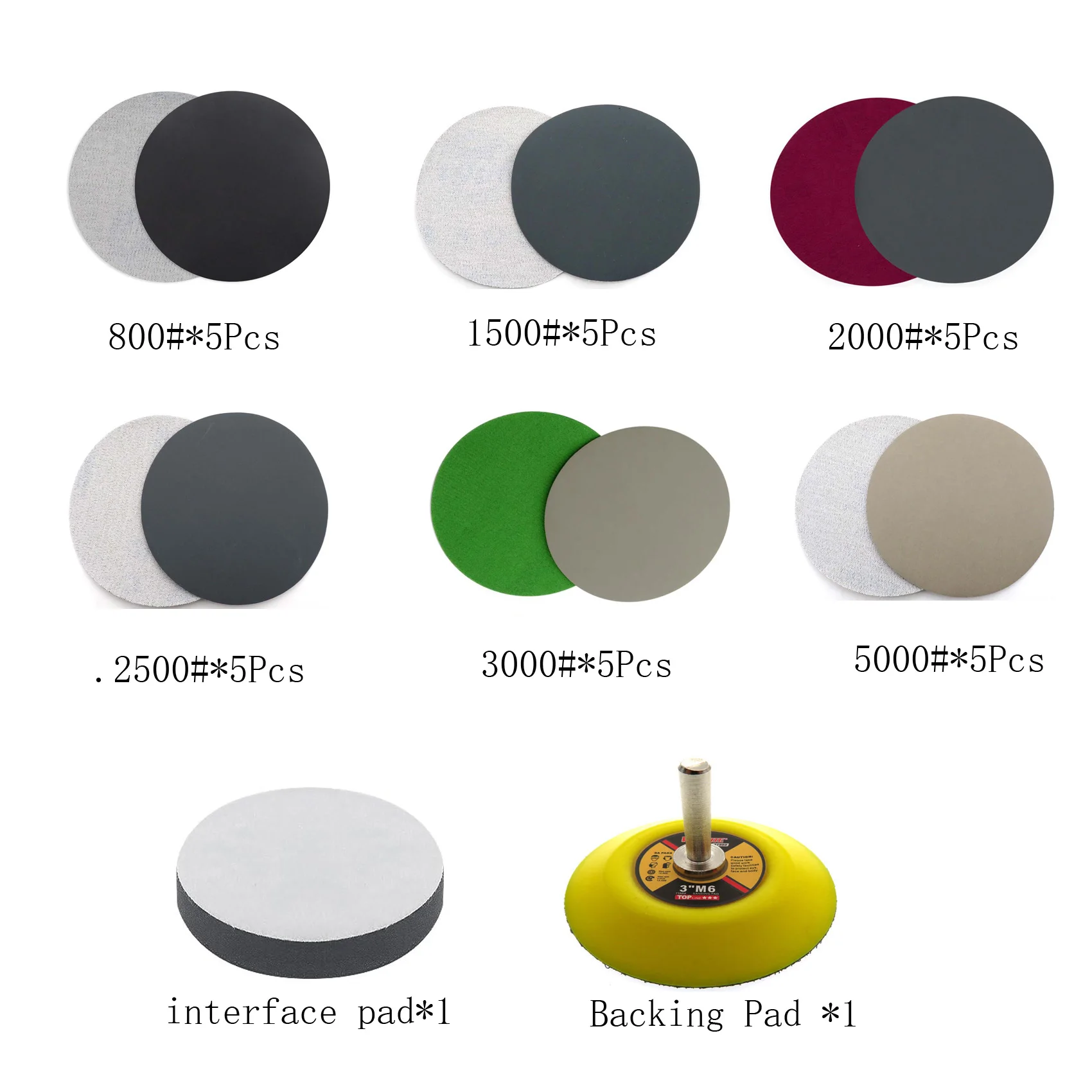3Inch 75MM Wet and Dry Sanding Paper Kit 32Pcs with 6MM Shank and 10MM Thick Interface Pad for Polishing Woodworking Metal