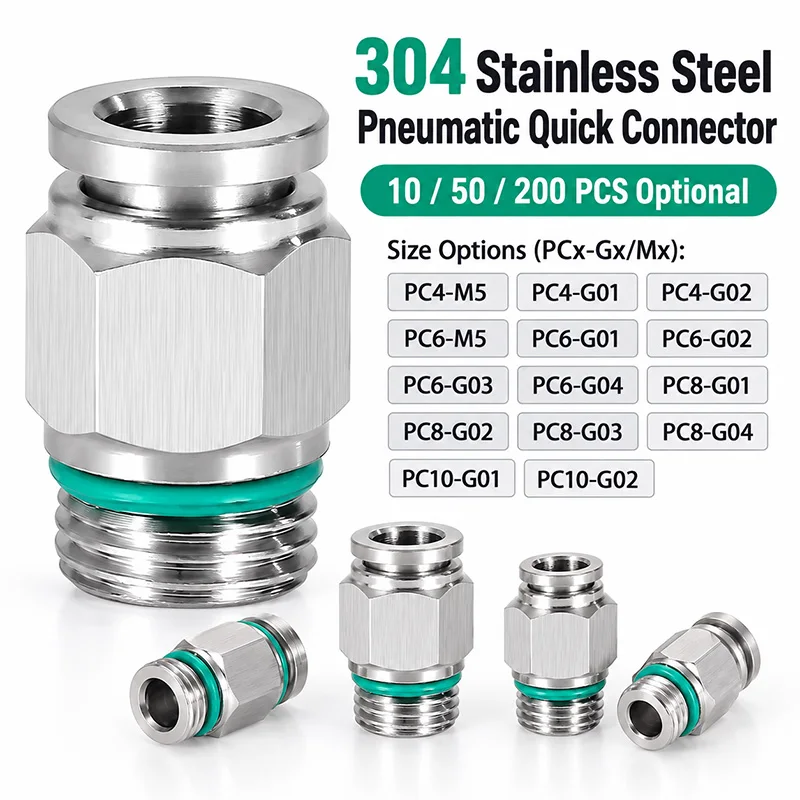 Stainless Steel PC-G Push-In Pneumatic Fittings Straight Male G Thread Air Tube Connectors 4-12mm for Compressor Air Systems Use