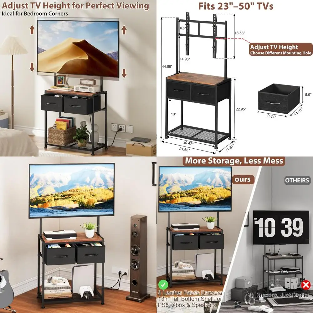

Compact Corner TV Stand with Mount, Storage Shelves and Fabric Drawers for 23-50 Inch TVs, Ideal for Small Spaces in Bedroom or