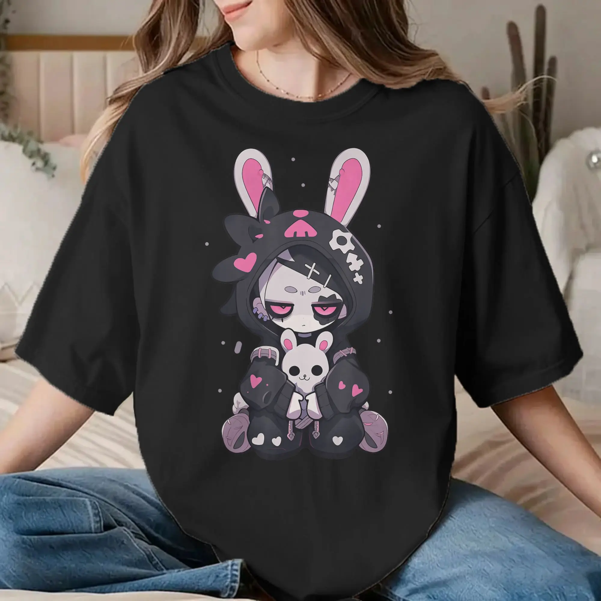 Camisetas Grunge com Estampa de Coelhinha Gótica e Menina Anime, Camisetas Vintage de Algodão Puro para Homens e Mulheres, Camiseta de Manga Curta, Ro