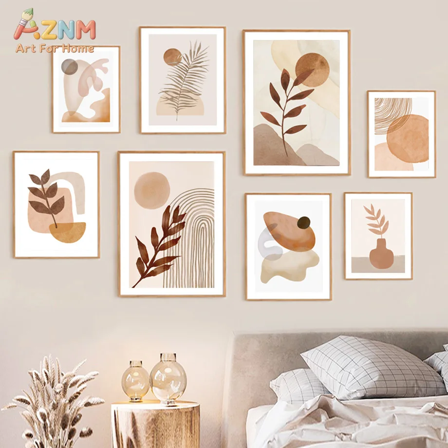 AZNM Warm Terracotta Boho Canvas Print Abstract Geometric Shapes Palm Leaf Plant Minimalist Neutral Living Room Unframed Wall Po