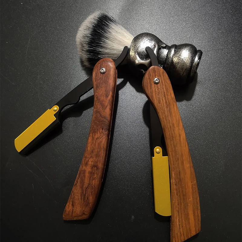 남성 스트레이트 이발사 엣지 면도기 블레이드 헤어 면도 도구, 안전 전문 목재 손잡이 접이식 나이프 제모