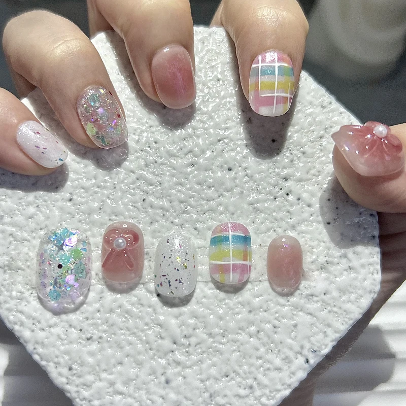 10 Pieces Spring and Summer Vibrant Short Handmade Press On Nails Sequins Glitter Bow Art Fake Nails Removable Reusable