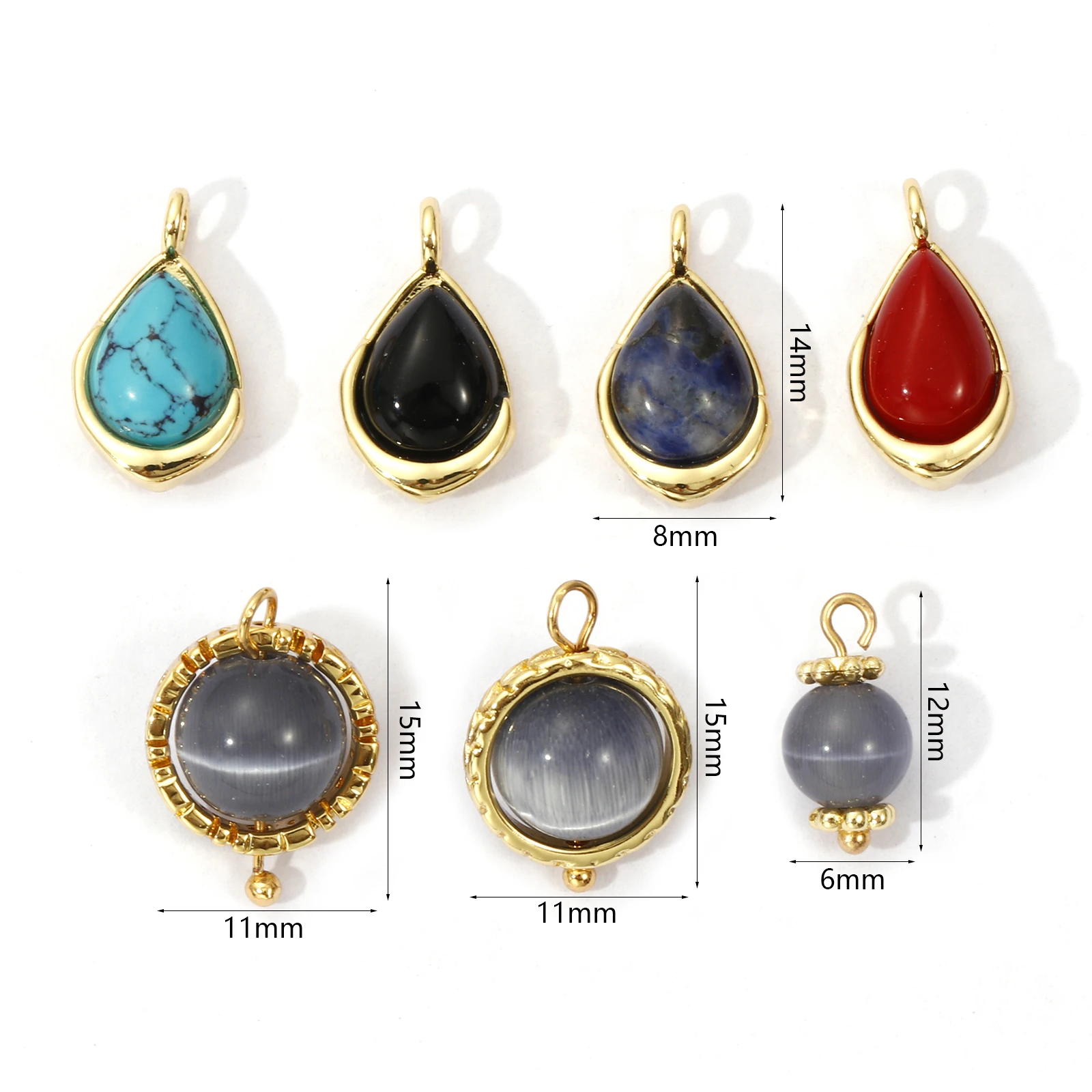 2 PCs Brass Charms 18K Gold Plated Natural stone Water Droplet Spherical rotatable Pendants For DIY Necklace Jewelry Making