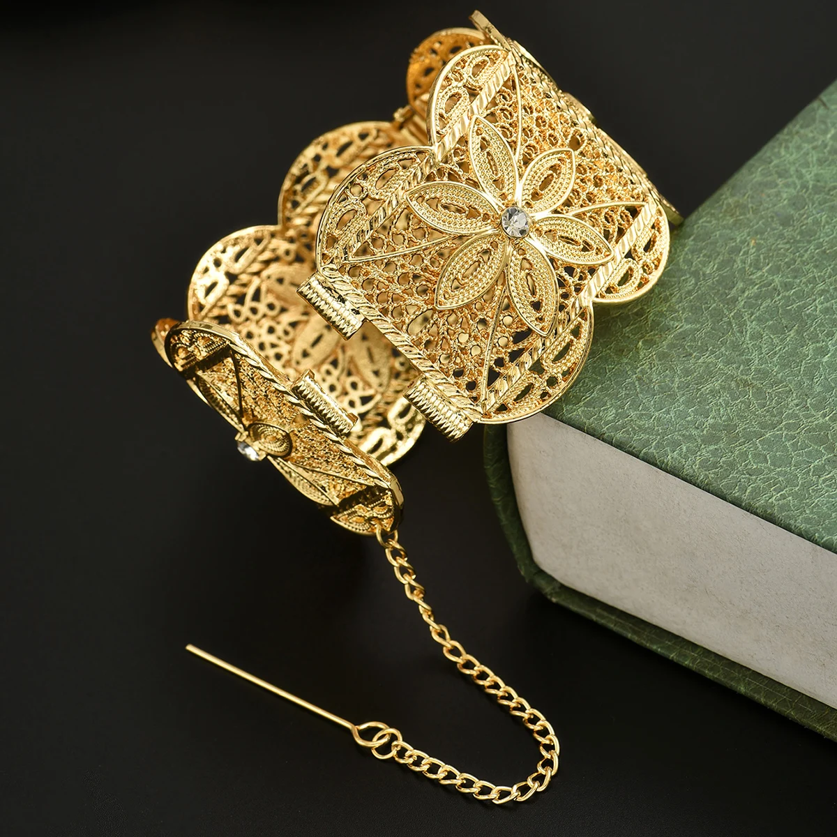 Arabian Ethnic Style Metal Gold-Plated Hollowed-Out Flower-Shaped Handcrafted Bracelet With Exquisite Detailing