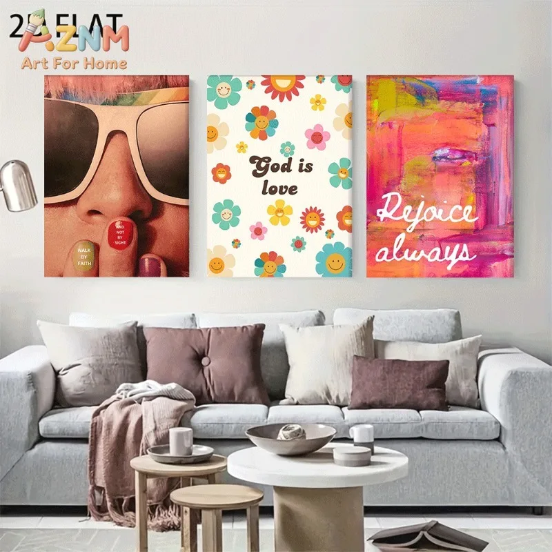 Unframed 3PCS Christian Quote Canvas Wall Art God Is Love Smiley Flower Rejoice Always Print Poster Home Living Room Bedroom Dec
