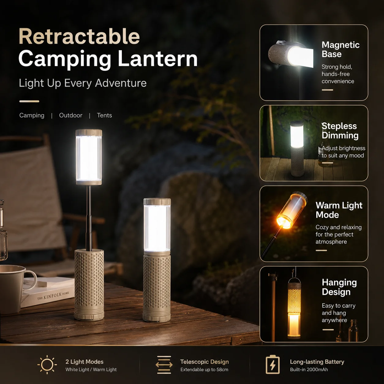 WWPPU 58cm Telescopic Camping Lantern Magnetic Base Stepless Dimming Cordless Rechargeable Tent Lamp Outdoor Atmosphere Light