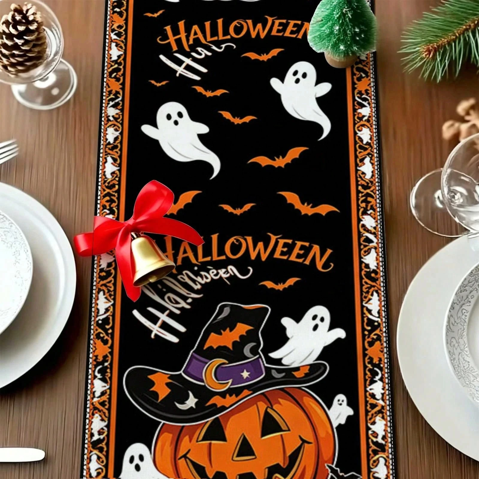 `Halloween Table Runner Pumpkin Ghost Witch Hat Bat Pattern Tablecloth Dresser Scarf Holiday Party Dining Table Decor Home
