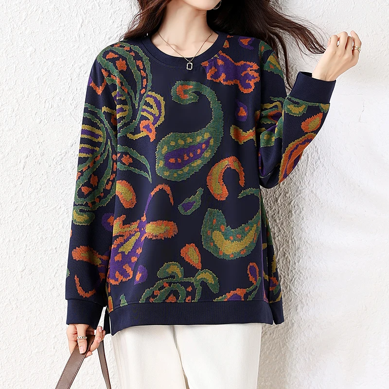 L-XXXL sudadera para mujer primavera otoño Tie-dyed estampado manga larga cuello redondo Top suelto Casual jerseys jersey azul oscuro