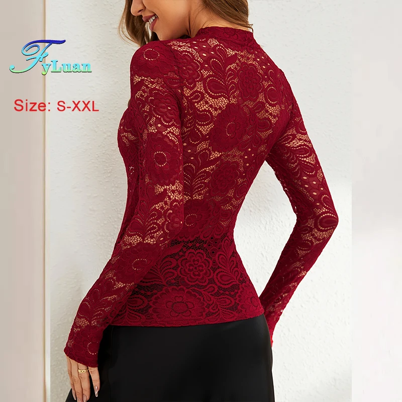 بلوزات نسائية من الدانتيل بأكمام طويلة مثيرة شبه منظور وياقة واقفة صغيرة وطبقة أساسية للتخسيس بلوفر متعدد الاستخدامات بلون سادة