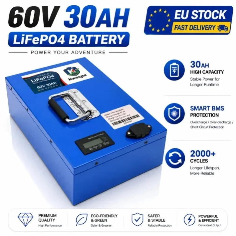Kafety Lithium-Batterie 48V/60V 30Ah 18650 mit hoher Kapazität und intelligentem BMS, starke Leistung und stabile Ausgabe für 250W-2000W Motor, E-Bike, Roller, Dreirad, Elektrofahrzeug, lange