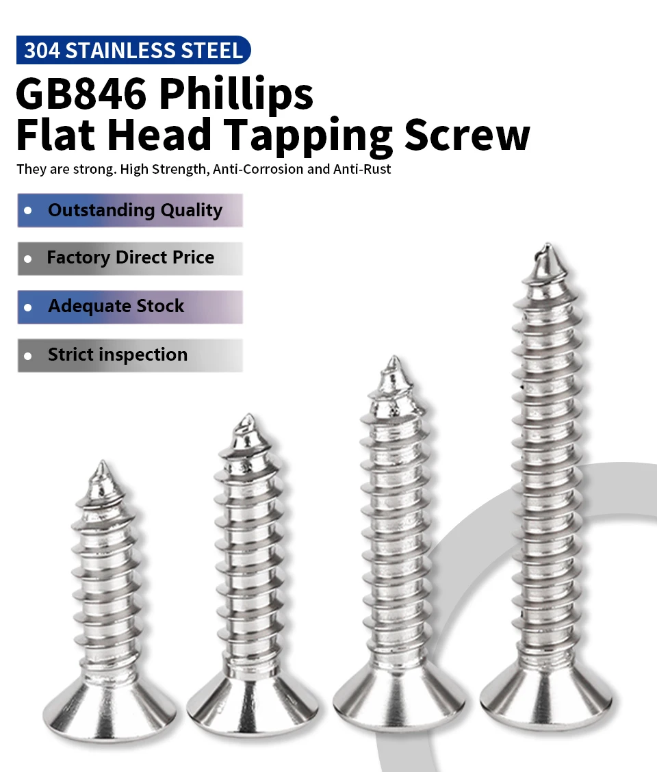 304 Edelstahl Phillips Senkkopf Selbstschneidende Schrauben, GB846 Kreuzschlitz-Blechschrauben ST2.2~ST5.5 – Detail 1