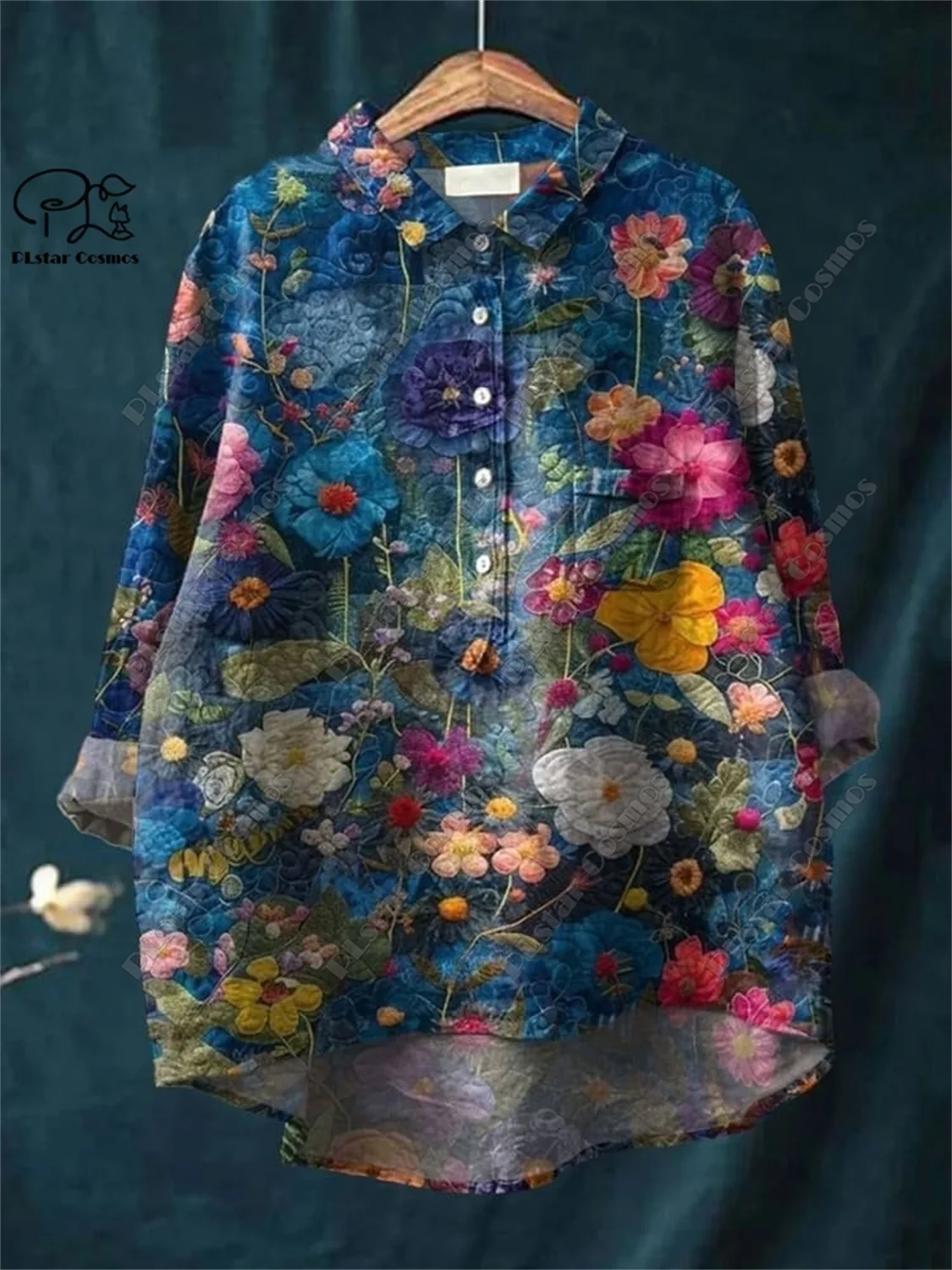 PLstar Cosmos new 3D printed women's loose retro floral fun casual printed open tube shirt  K-4