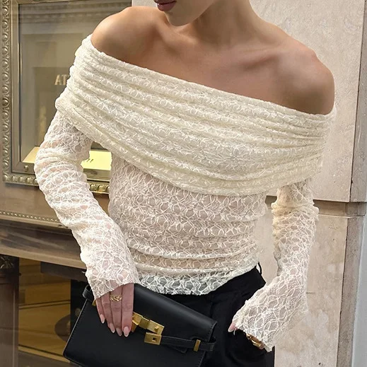 

Sexy Women's Shirt Off Shoulder Perspective Long Sleeve Lace Female Shirts 2026 Spring Fashion Chic Elegant Lady Street Tops