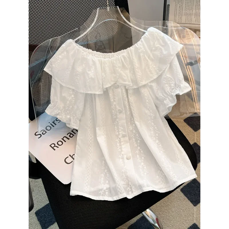

Women's Off Shoulder Ruffled Blouse Embroidered White Short Sleeve Summer Top