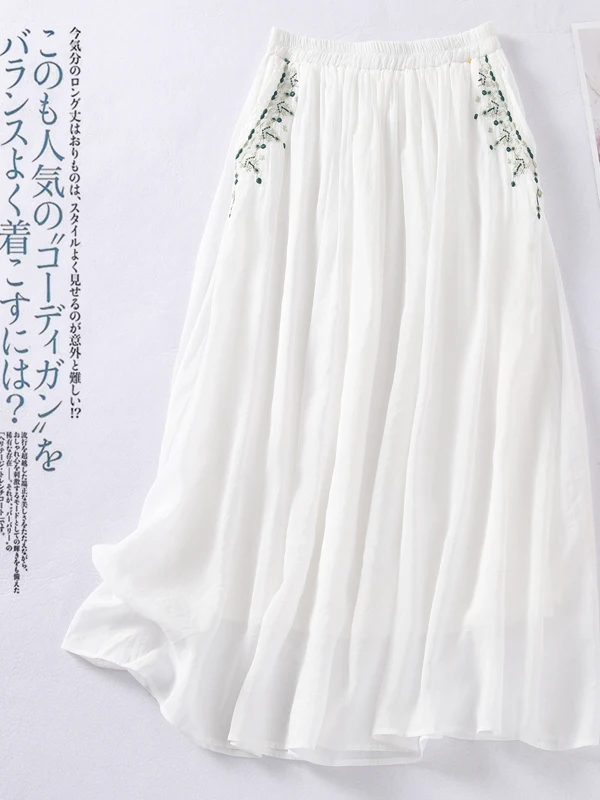 Gonna longuette in lino di cotone Ele Gonna longuette da donna estiva 2025 dimagrante con ricamo etnico Gonna artistica per pendolari