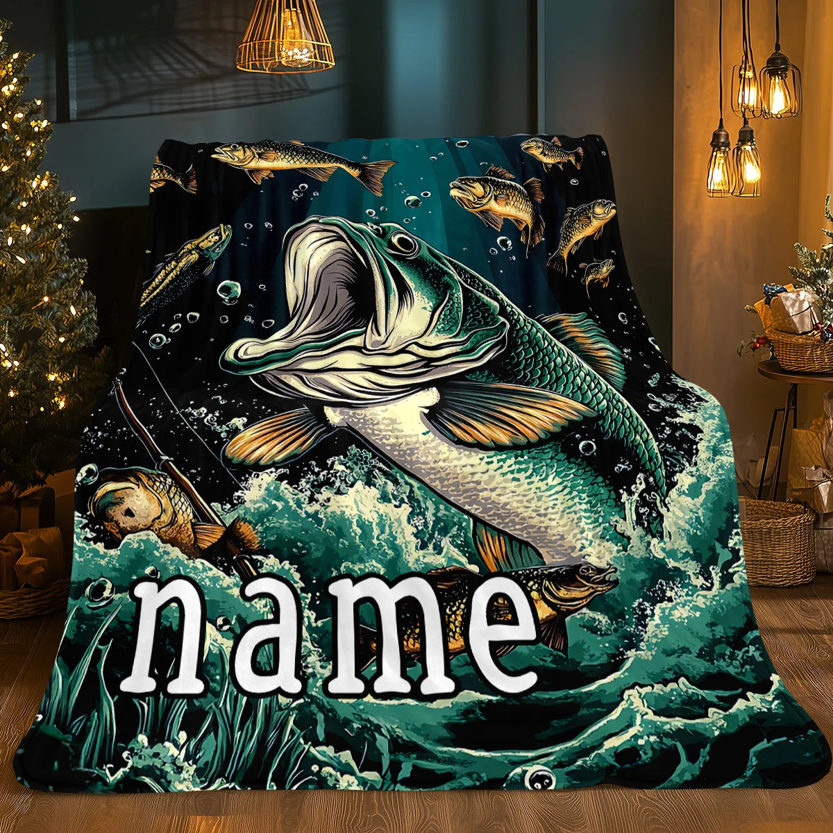 Custom name fish flocking fleece blanket, suitable for sofas, beds, birthdays, children, fishing enthusiasts, friends, gifts