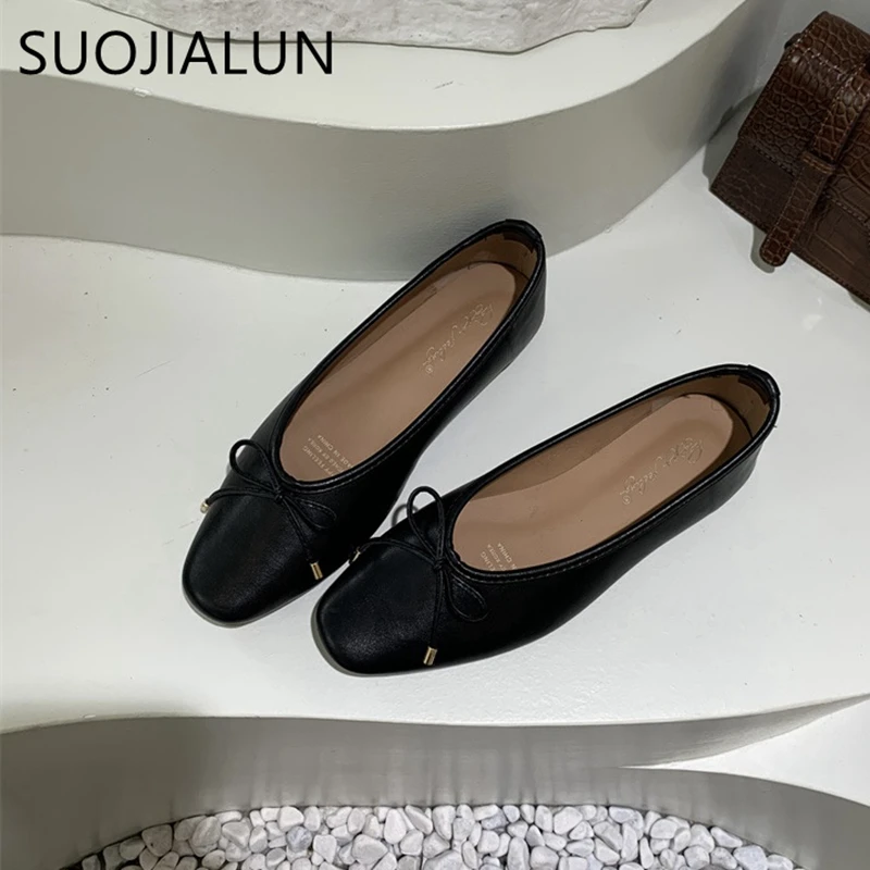 SUOJIALUN 2024 Spring New Brand Women Flat Shoes Round Toe Shallow Slip On Ballerinas Shoes Soft Flat Casual Dress Ballet Shoes