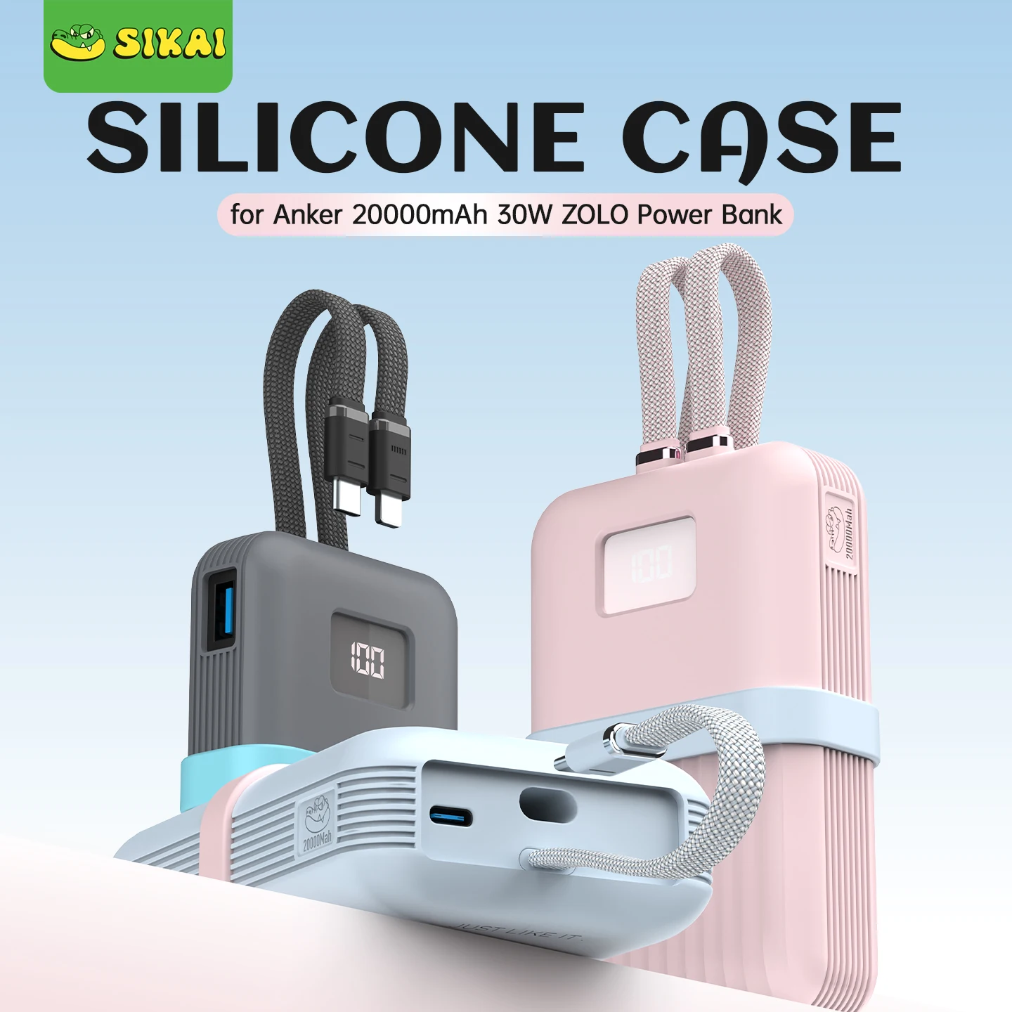 Funda de silicona para Anker Zolo Power Bank 20.000mAh 30W/35W A1681/A1688H11 cubierta protectora ranura para cordón a prueba de caídas a prueba de polvo
