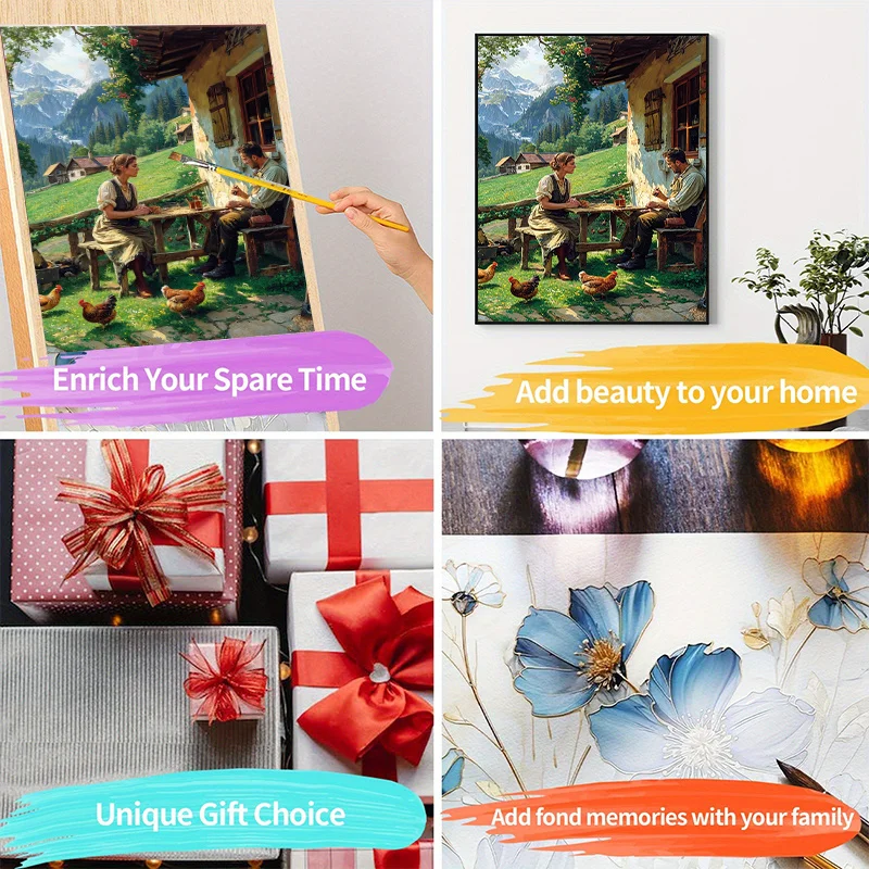 1 Set Professional Art Use Adult Digital Oil Painting Painting Kit Coloring, Alpine Foothills Pastoral Couple Courtyard Chat Lan