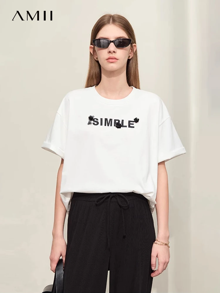 

Amii Minimalism 2024 Summer New Basics Drop Sleeve T-Shirts Loose Letters Embroidery Studded Flowers T-shirt For Women 12442059