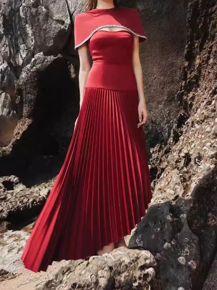 BJTZ 2025 겨울 투피스 케이프렛 비즈 플리츠 이브닝 드레스 디자이너 우아한 편안함 미니멀리스트 럭셔리 프리미엄