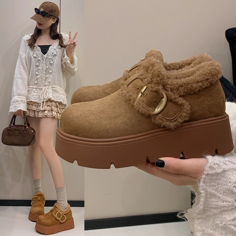 

2025 Fashionable Versatile Women's Cotton Shoes Thick Bottom Loafers Winter Warm Fleece Lined Flat Heel round Toe Shoes