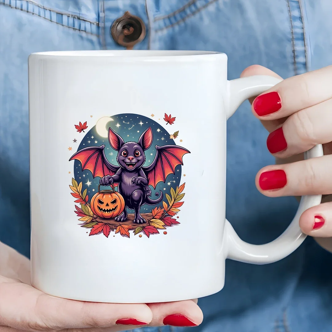 ハロウィンコウモリイラスト 11オンス漫画マグカップ ハロウィンキッズ用冷温飲料カップ 家族 オフィス クリスマスギフト クリエイティブオフィスC