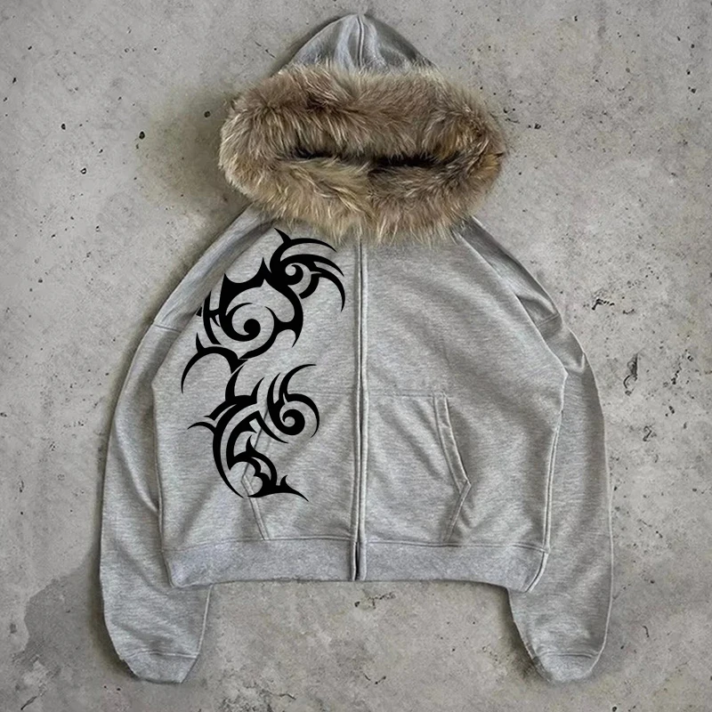 Tik Tok hot selling American style men's and women's plush fur collar decoration personalized print punk Gothic Y2K Harajuku