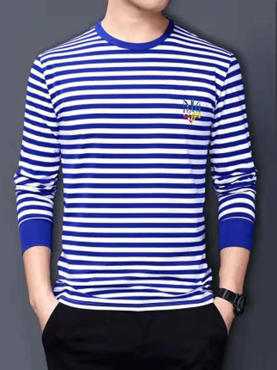 Distressed Ukrainian and American Flag Trident Sailor's Striped Shirt 100% Cotton Long Sleeve Stripes Mens T-Shirt Breton Top