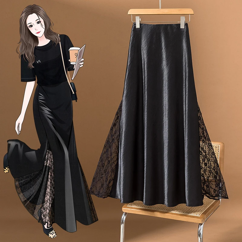 Fashionable Lace Splice Fish Tail Midi Skirt Women's Summer Slimming High Waist A-Line Long Skirt Wrap Body Skirt Polyester - view 2