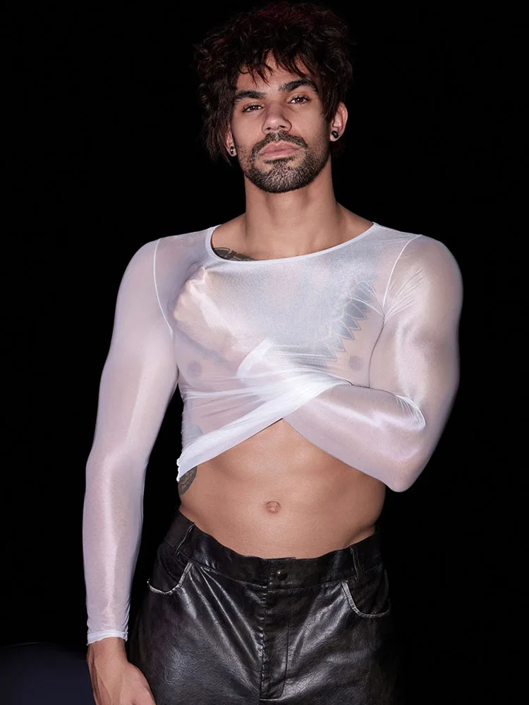 Breathable Men's T-Shirts Long Sleeve Oil Glossy Shiny Sexy Tops Elastic Ultrathin Sheer See Through Tees Club Dance Casual Wear