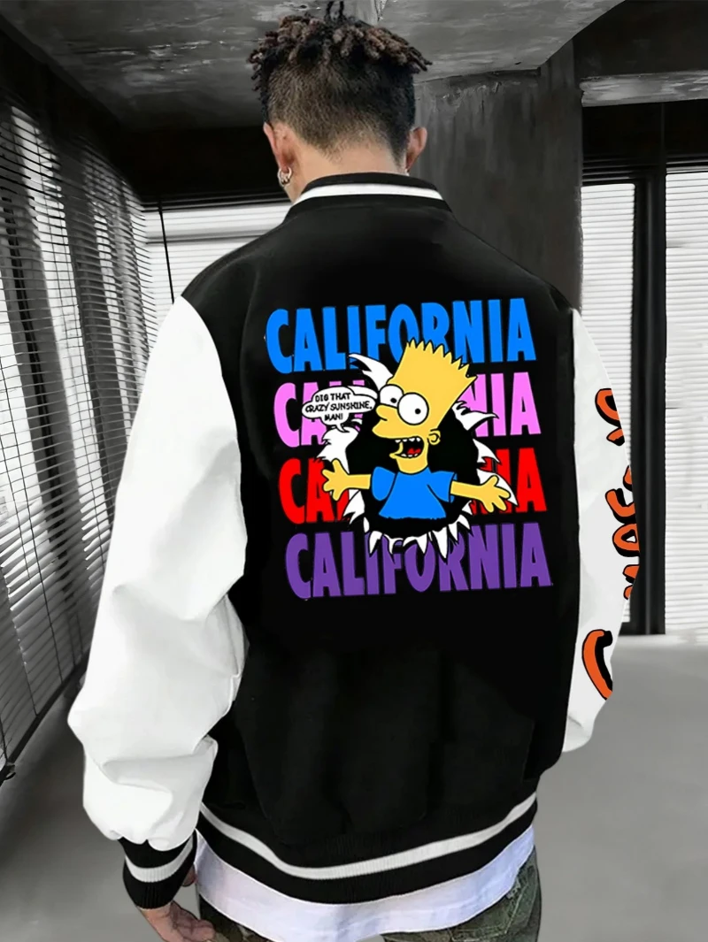 

The Simpsons Men's Baseball Jacket for Autumn and Winter, Bart California Print Pattern Text Men's Retro Baseball Jacket