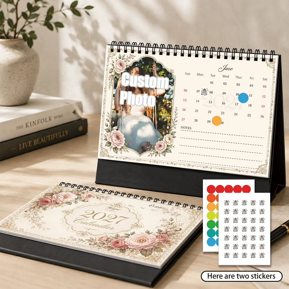 1pc/2pcs Customizable 2027 Calendar,Pink Peony Floral Personalized Table Calendar with Stickers,Birthday Christmas New Year Gift