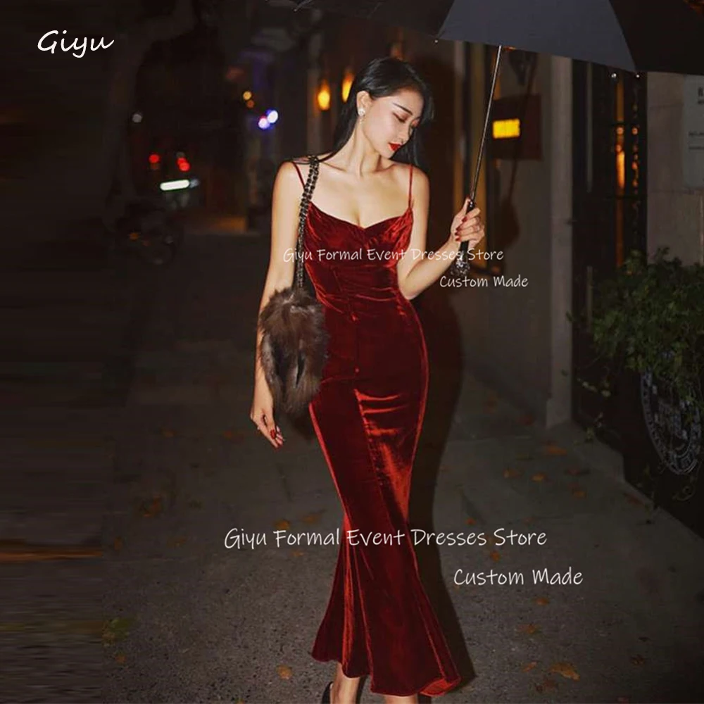 Giyu Sexy Burgunday Velvet Evening Dresses Spaghetti Straps Sweetheart Ankle Length Prom Gowns Wedding Pary Guest Dress