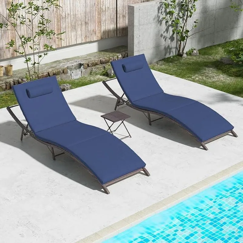 

Lounge Chair for Outside,3 Pieces Chaise Lounge Outdoor Folding Pool Lounge Chairs Including Table Rattan Patio Furniture Set