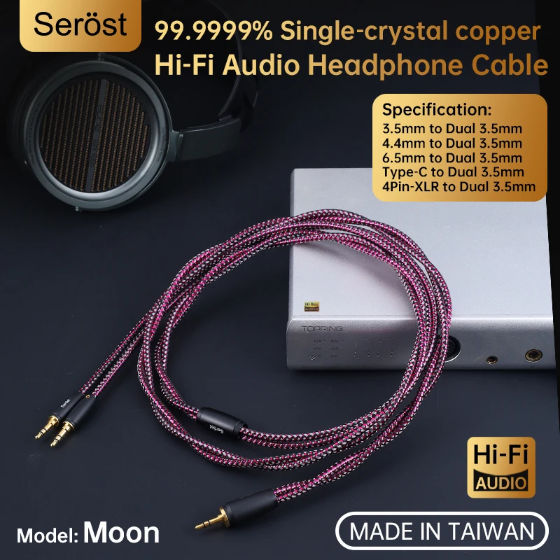 Serost Moon HiFi OCC Copper Audio Cable Type-C 3.5mm 4.4mm 6.5mm 4Pin-XLR Stereo to Dual 3.5mm Male Jack for Headphones Speaker