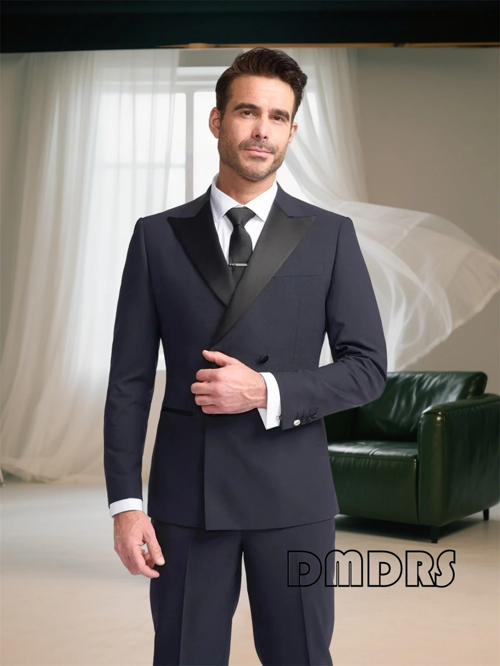 

Double Breasted 2 Pieces Suit Set for Men from XXS to 7XL, Notched Black Satin Collar Slim Fitting Business Suits Tuxedo Pants