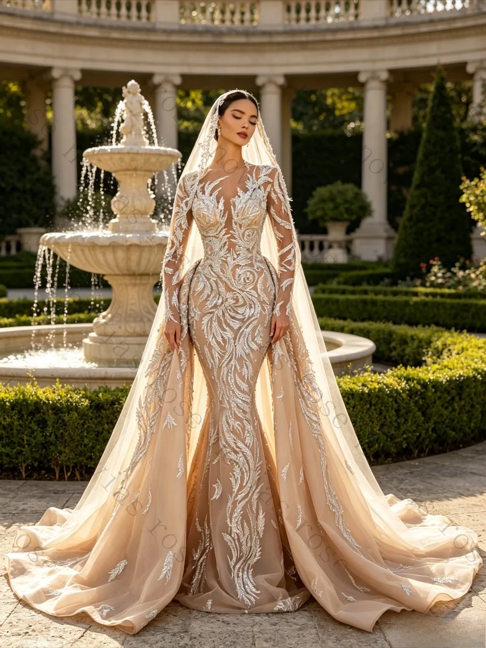 Customized Champagne Mermaid Wedding Gown Full Silver Feather Embroidery  Beaded Detachable Overskirt Bridal Robe  De Mariee