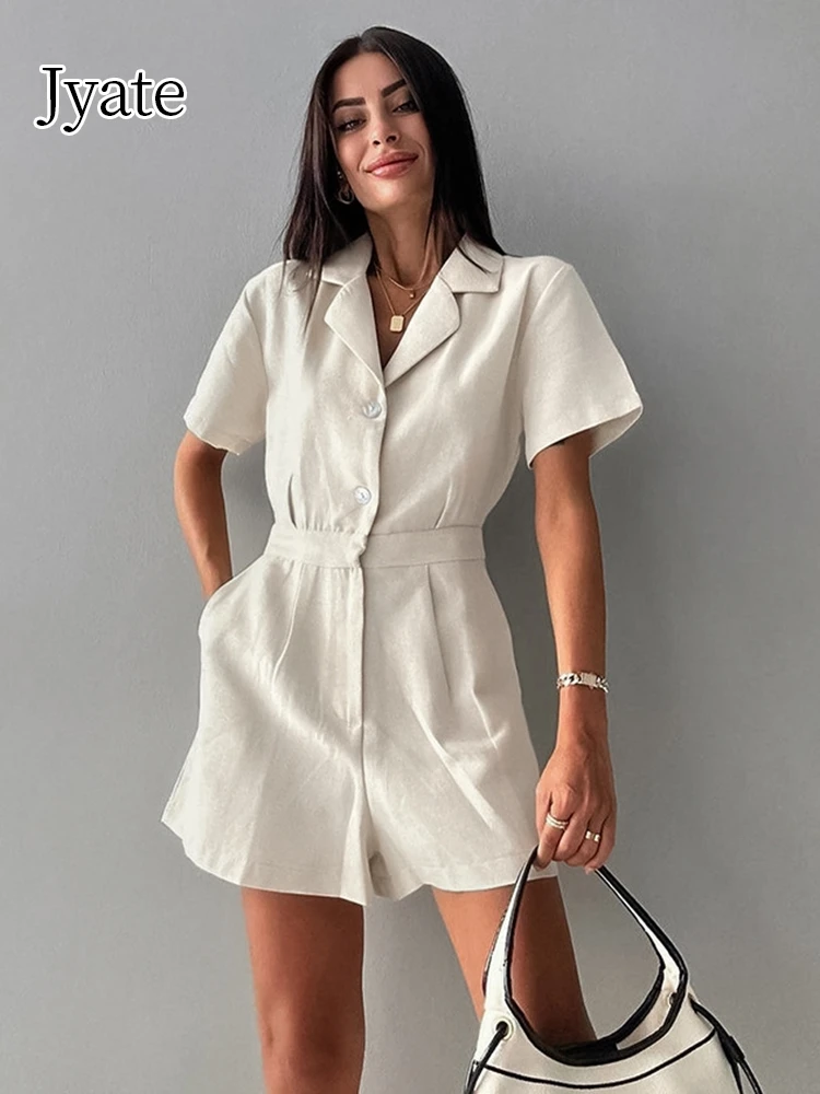 Jyate 2024 Summer New Women Jumpsuit Linen Solid Khaki Short Sleeve Lapel Button Shorts Romper Overalls For Women Playsuits