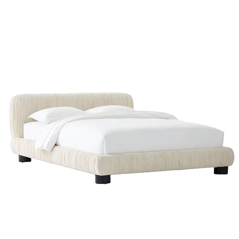 Modern Classic Design Bedroom Solid Wood Frame Ivory White Velvet Fabric Soft Bed Hotel Upholstered King Size