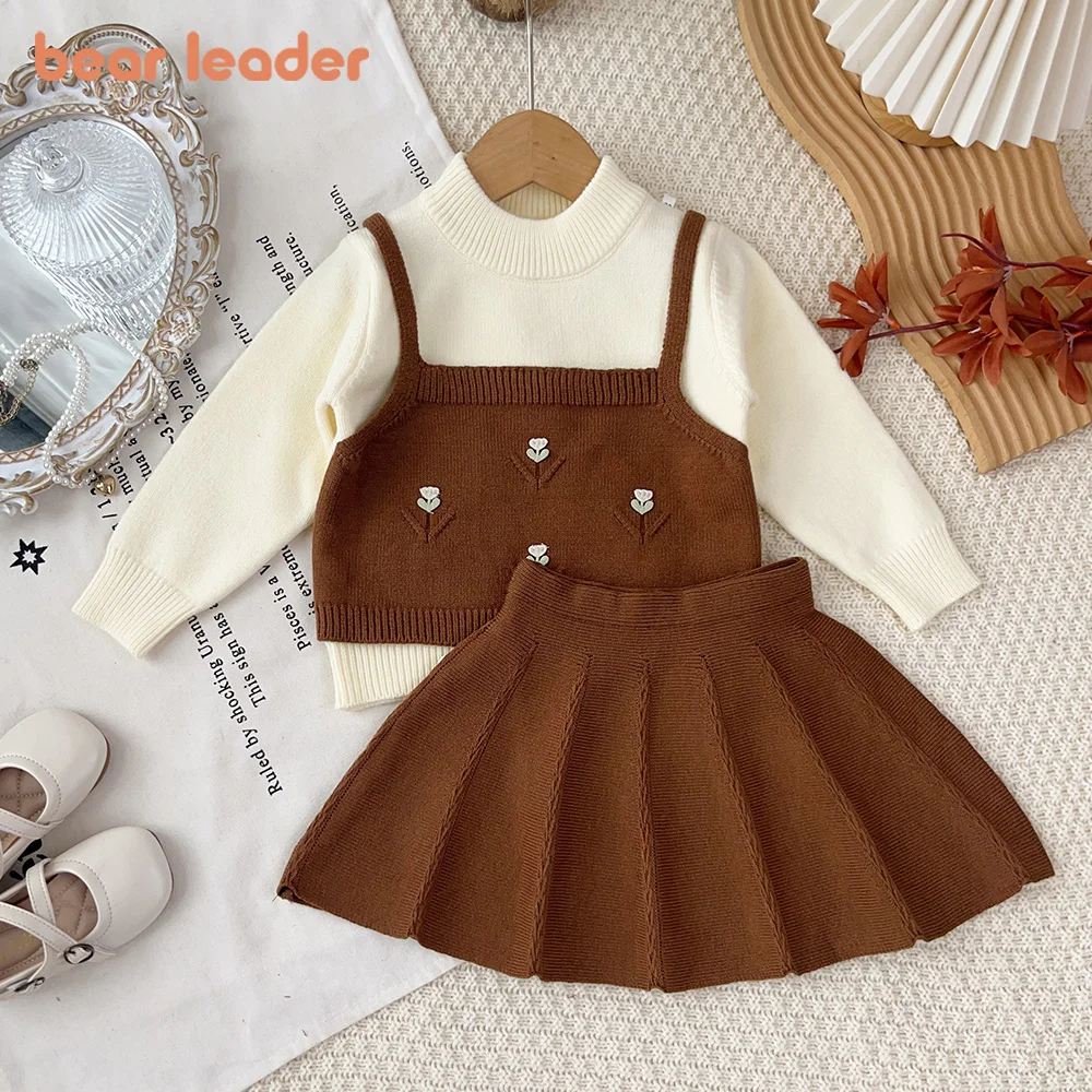 Bear Leader Knitted Sweater Set Autumn and Winter Color Blocked Girls Clothes Fake Two-piece Long Sleeved Top+Brown Short Skirt