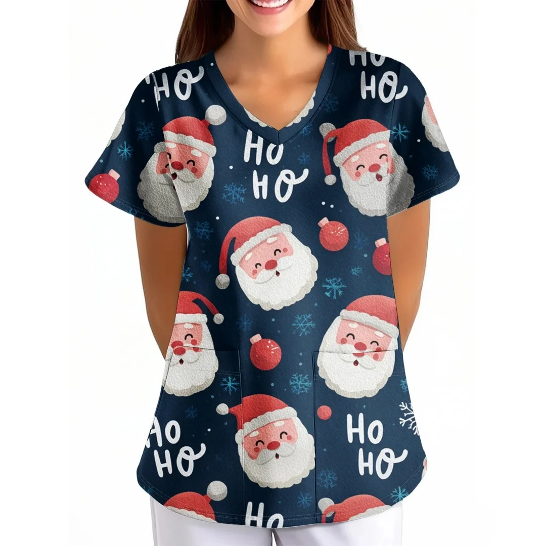 เสื้อยืดพยาบาลลายการ์ตูนแขนสั้นมีกระเป๋า ชุดยูนิฟอร์มพยาบาลสำหรับคริสต์มาส