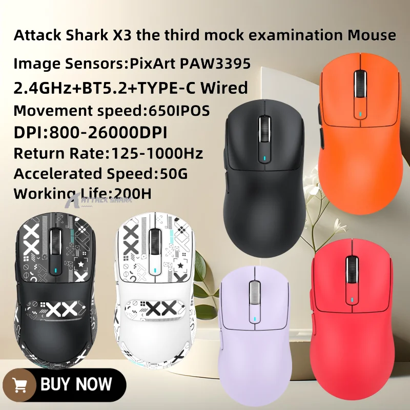 

Беспроводная игровая мышь Attack Shark X3, Ультралегкая, 49g, 26000 Dpi, Bluetooth/2,4 ГГц/проводной, с тремя режимами, Kailh Gm8.0 переключатель для Mac