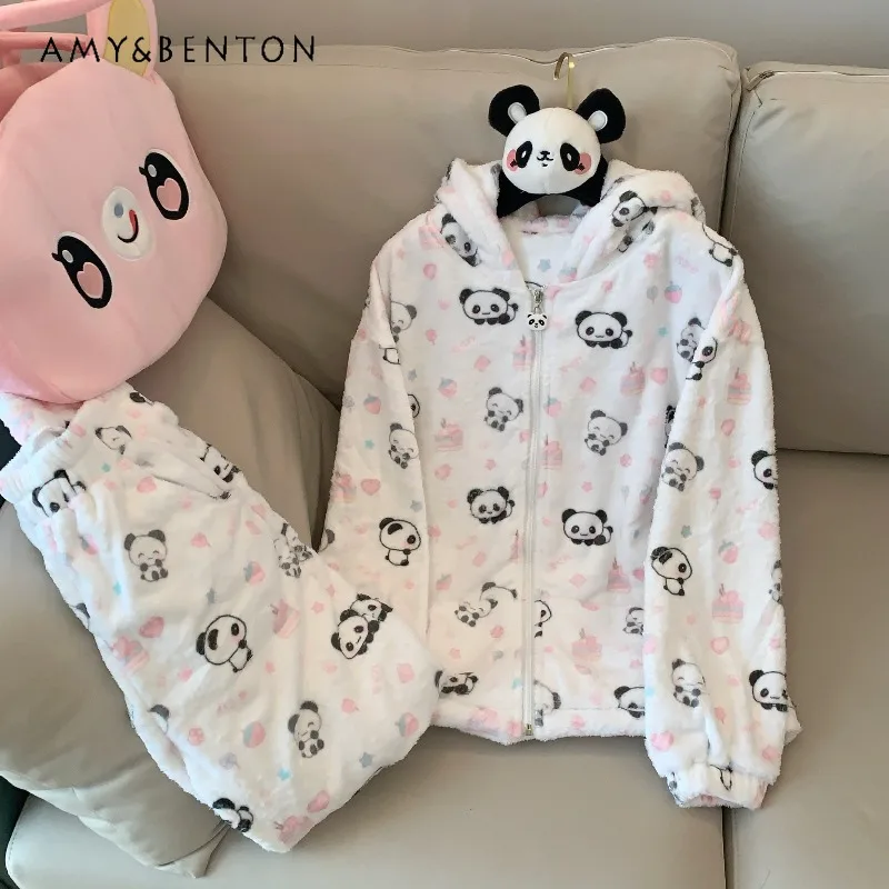

Winter Flannel Hooded Panda Ears Long Sleeve Long Pants Homewear Pajamas Sweet Cute Cartoon Print Soft Comfortable Pajamas Set