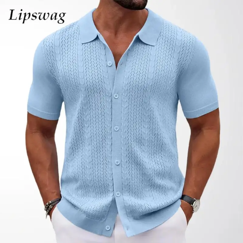 

Vacation Beach Casual Mens Knit Shirts Spring Summer Daily Leisure Breathable Solid Color Shirt Men Knitting Short Sleeve Shirts